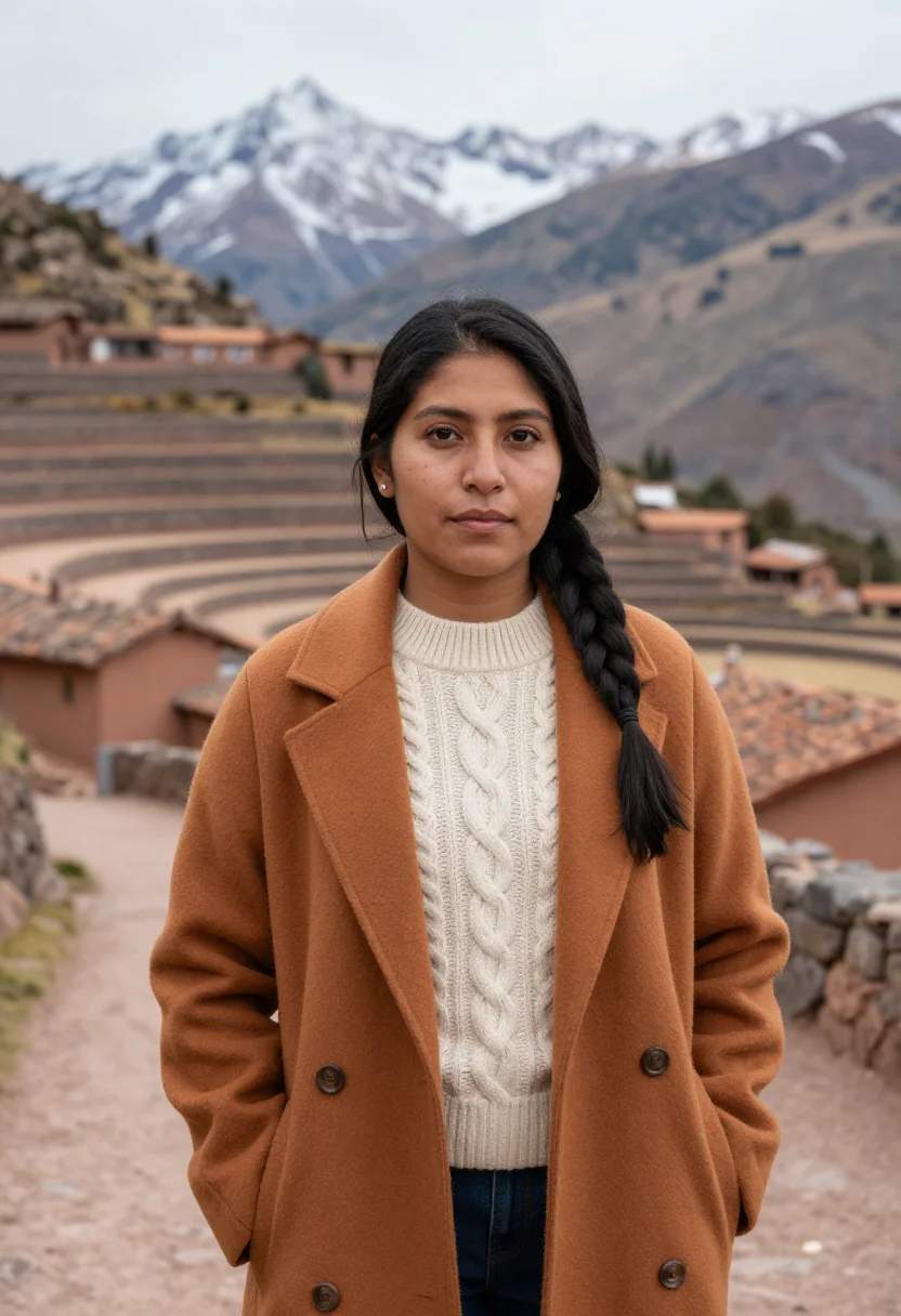 AI sacred valley hotelier adobe ochre terrace sample — portrait of a woman, a Quechua hotelier in her early thirtie