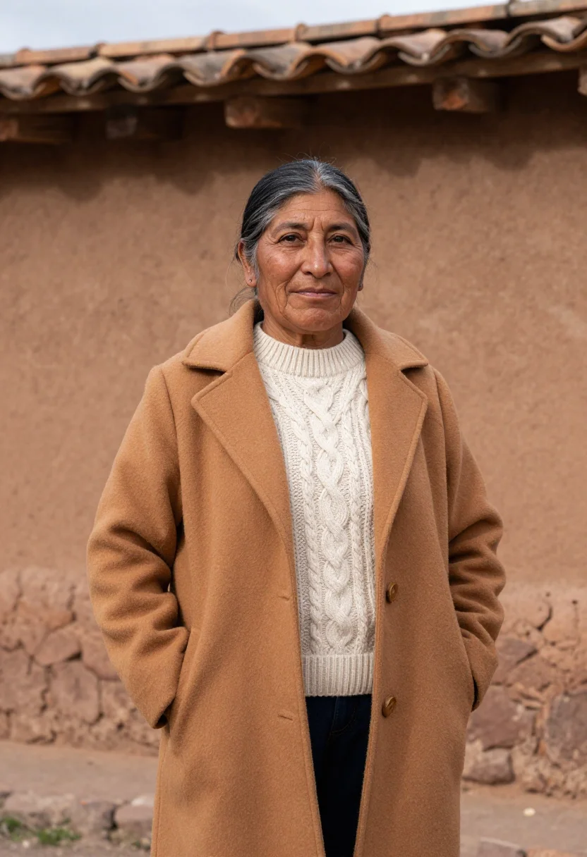 AI sacred valley hotelier adobe ochre terrace sample — portrait of a woman, a Quechua hotelier in her early fifties