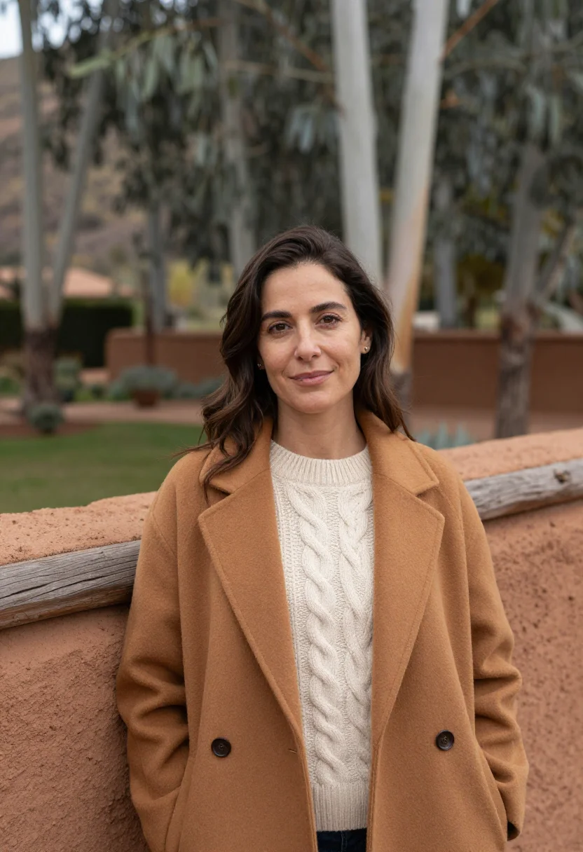 AI sacred valley hotelier adobe ochre terrace sample — portrait of a woman, an Argentine hotelier in her mid-thirti