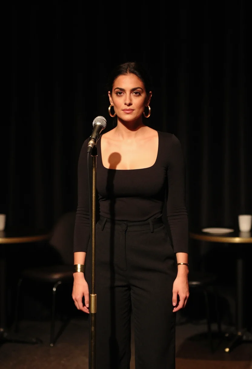 AI sade smooth operator gold hoops black sample — portrait of a woman, a Greek woman in her mid-thirties with