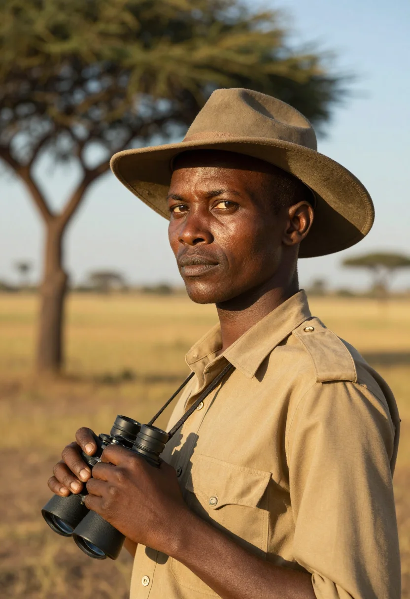 AI safari guide sample — portrait of a man, chest-up portrait of a Kenyan man in his