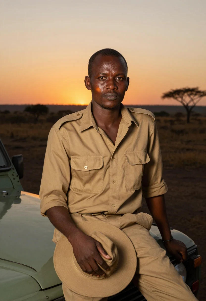 AI safari guide sample — portrait of a man, waist-up portrait of a Kenyan man in his