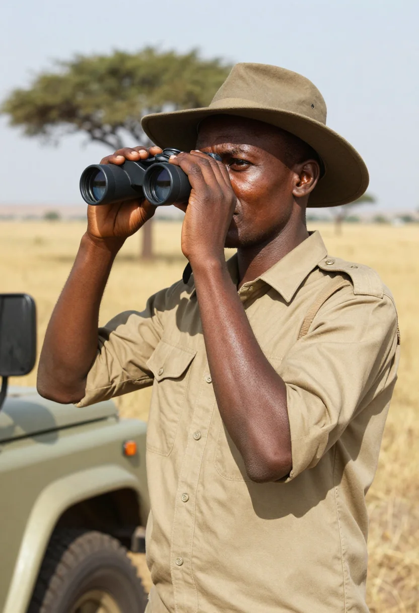 AI safari guide sample — portrait of a man, waist-up three-quarter portrait of a Keny