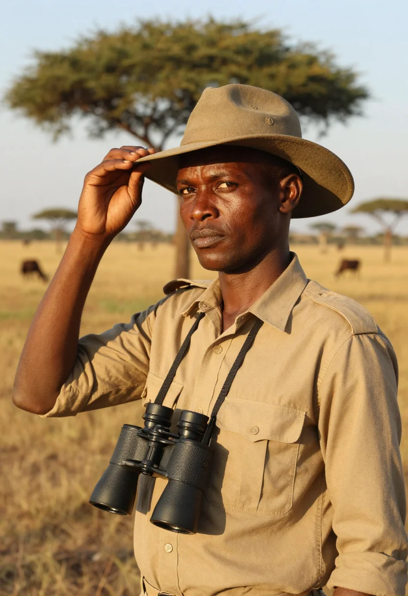 AI safari guide sample — portrait of a man, waist-up three-quarter portrait of a Keny