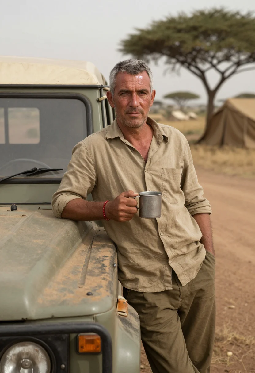 AI safari khaki sample — portrait of a man, a half-length view of a Western-European