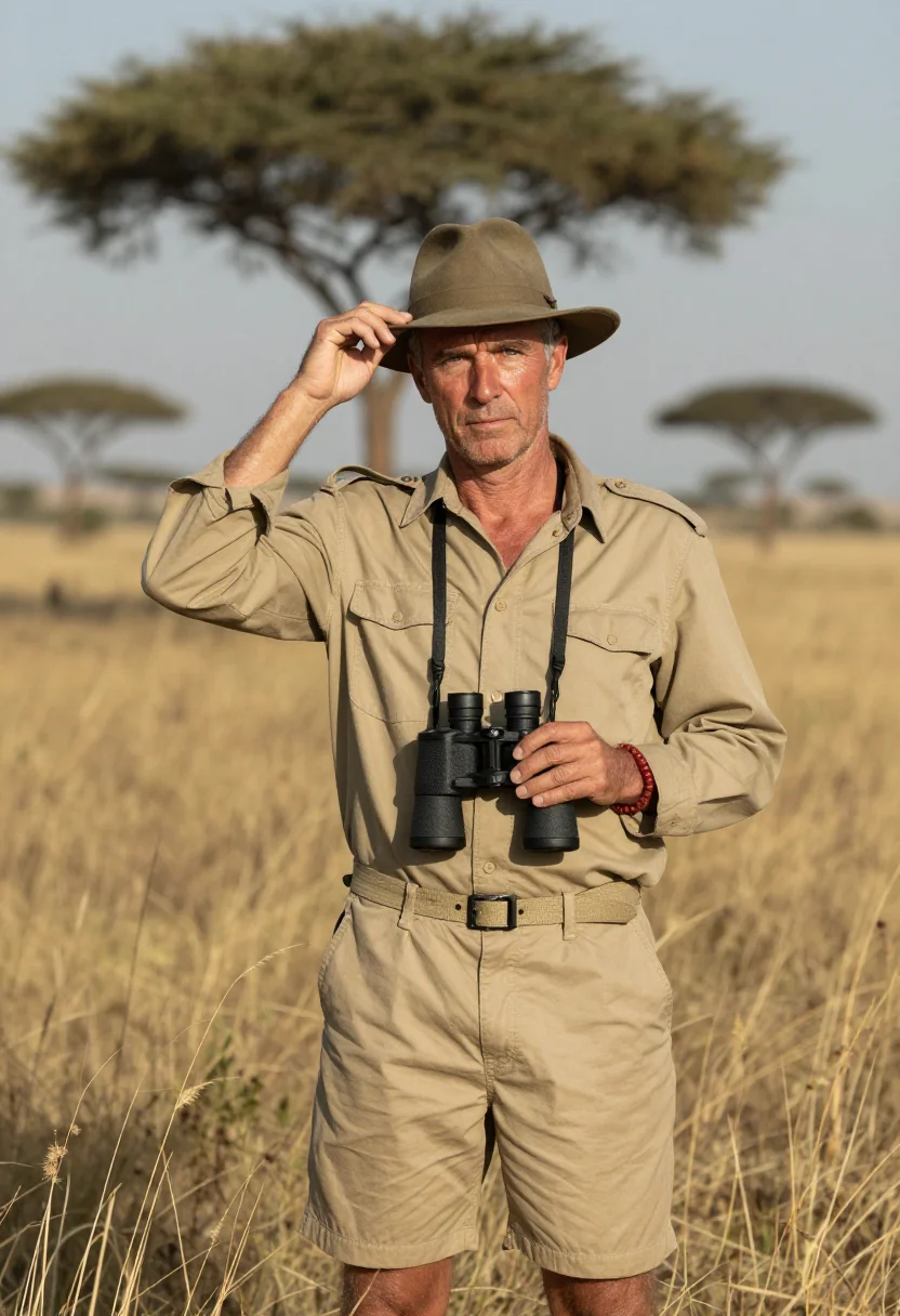 AI safari khaki sample — portrait of a man, a half-length view of a Western-European