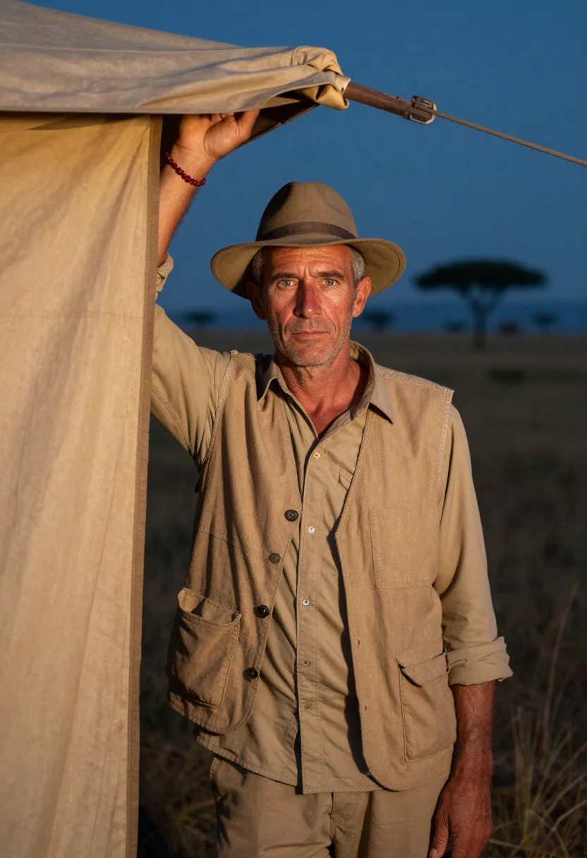 AI safari khaki sample — portrait of a man, a half-length view of a Western-European