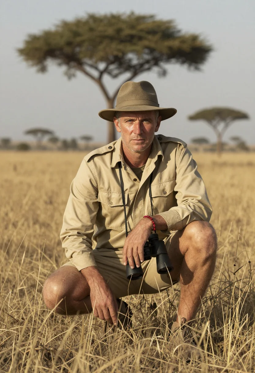 AI safari khaki sample — portrait of a man, a three-quarter-length view of a Western-