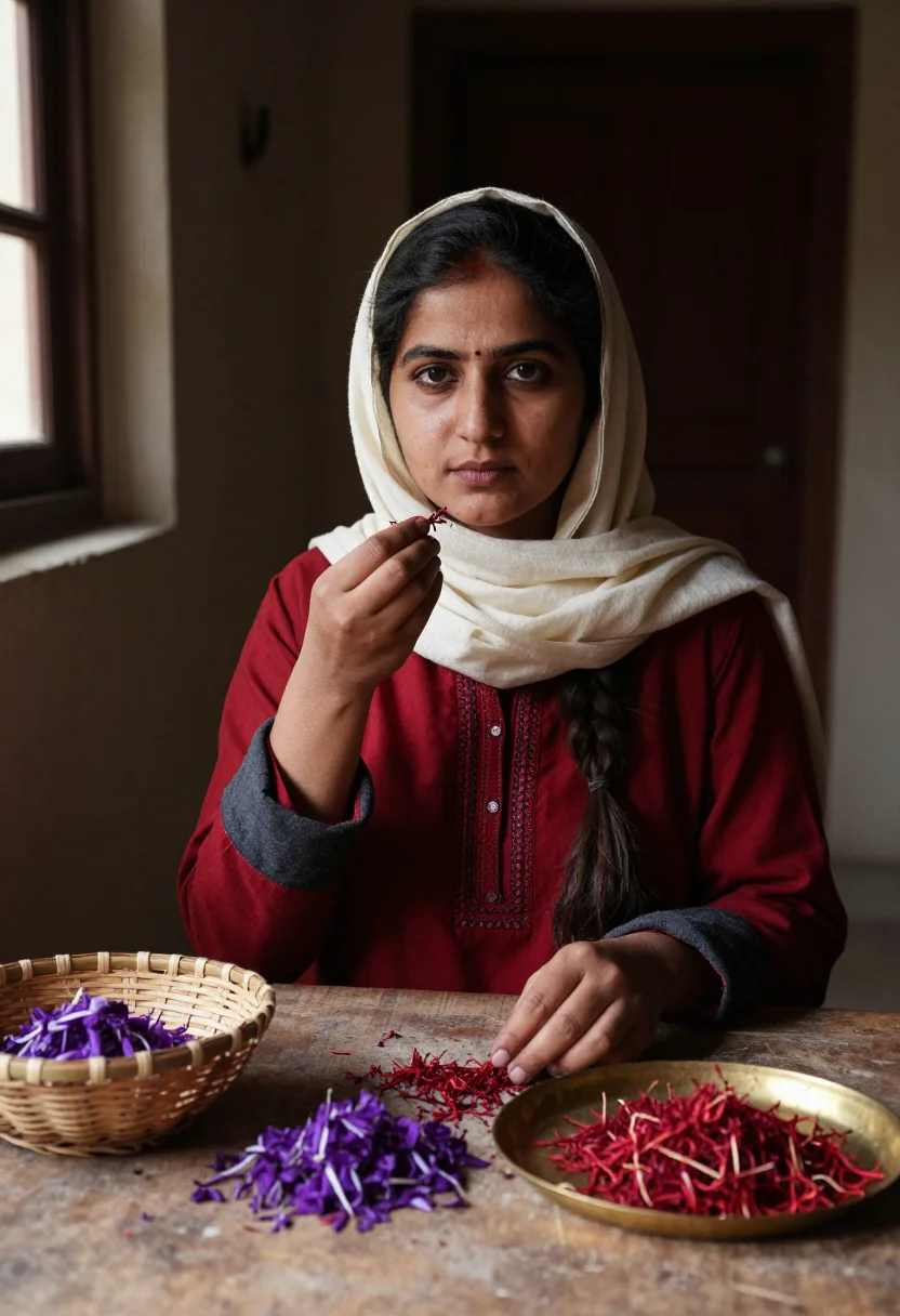 AI saffron dawn sample — portrait of a woman, chest-up portrait of a Kashmiri woman i