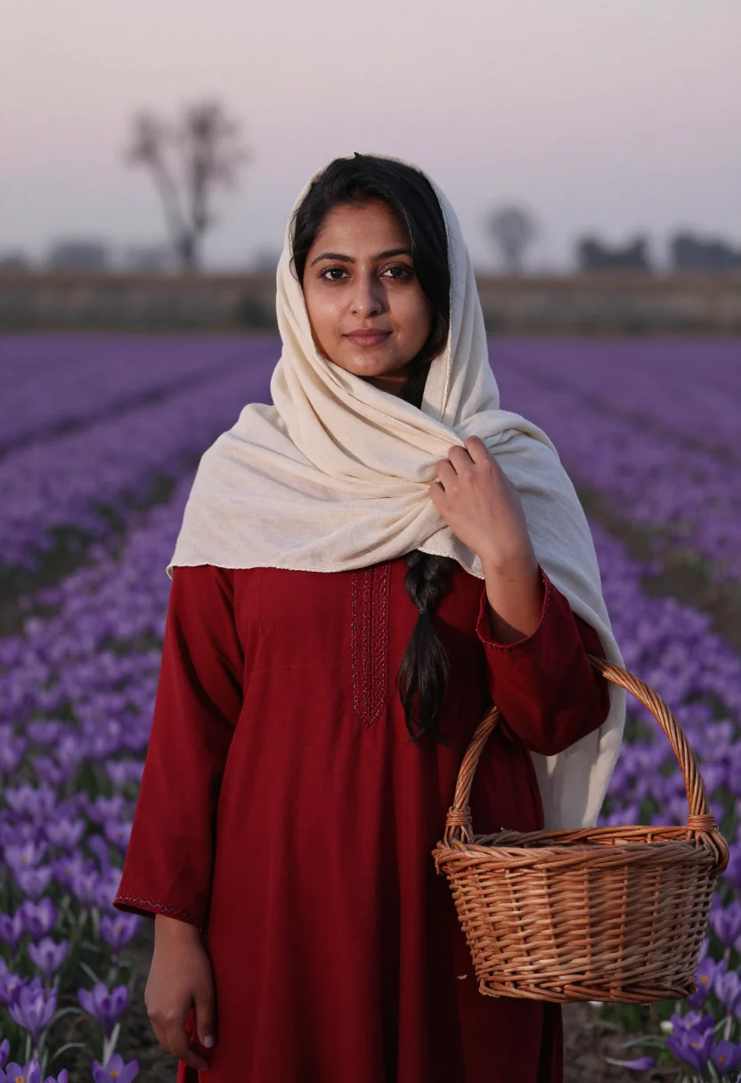 AI saffron dawn sample — portrait of a woman, chest-up portrait of a Kashmiri woman i