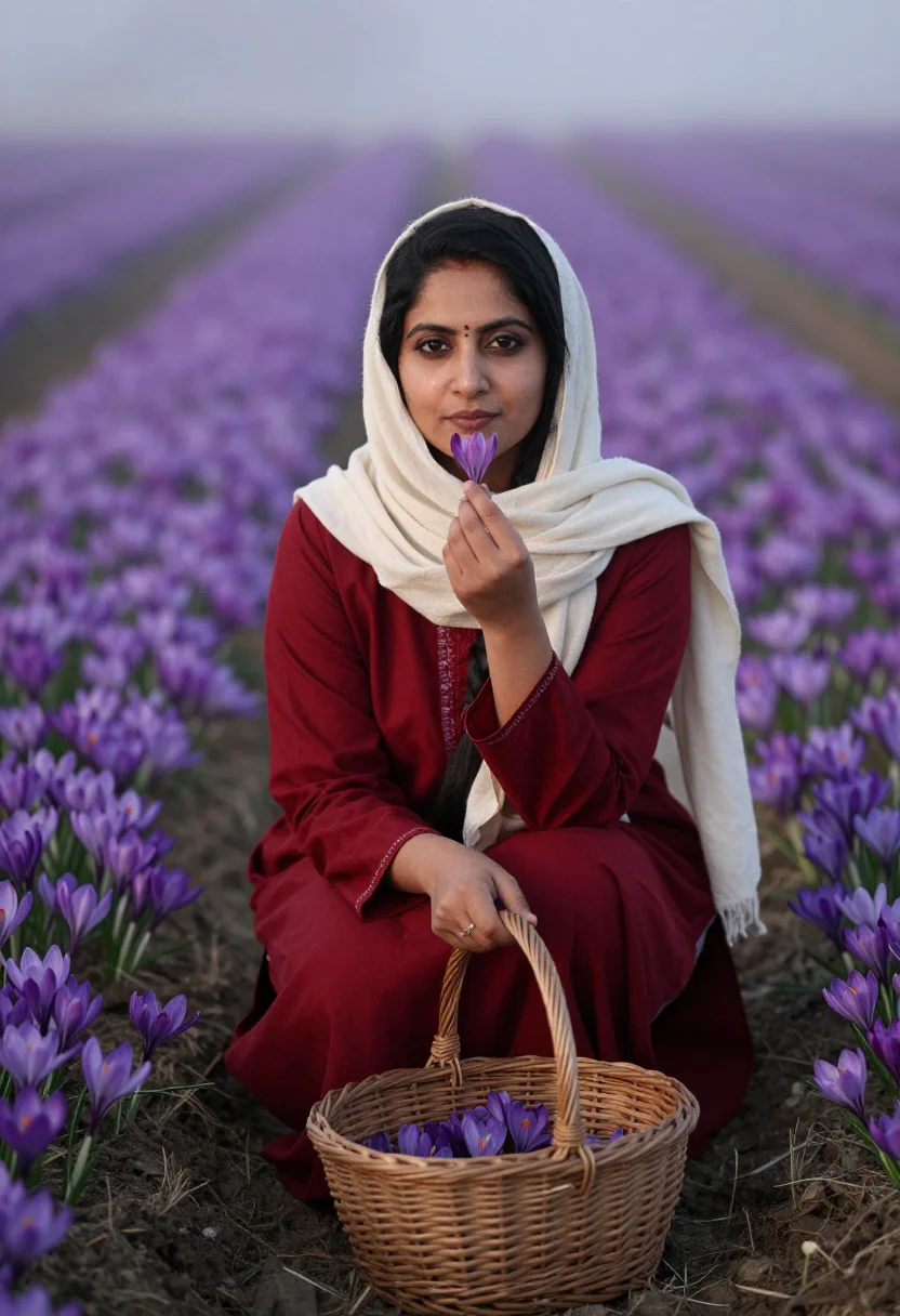 AI saffron dawn sample — portrait of a woman, chest-up portrait of a Kashmiri woman i