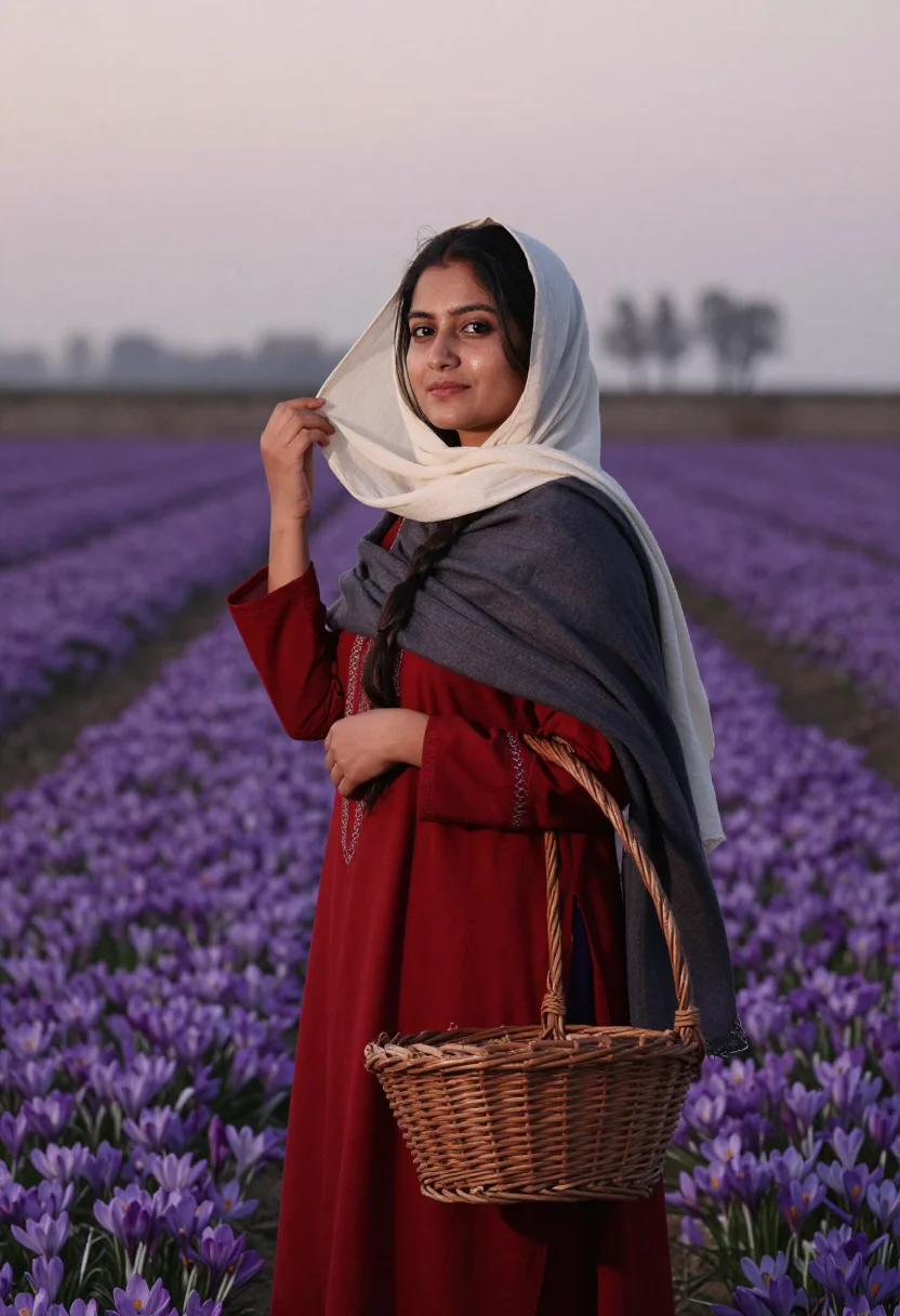 AI saffron dawn sample — portrait of a woman, half-length portrait of a Kashmiri woma