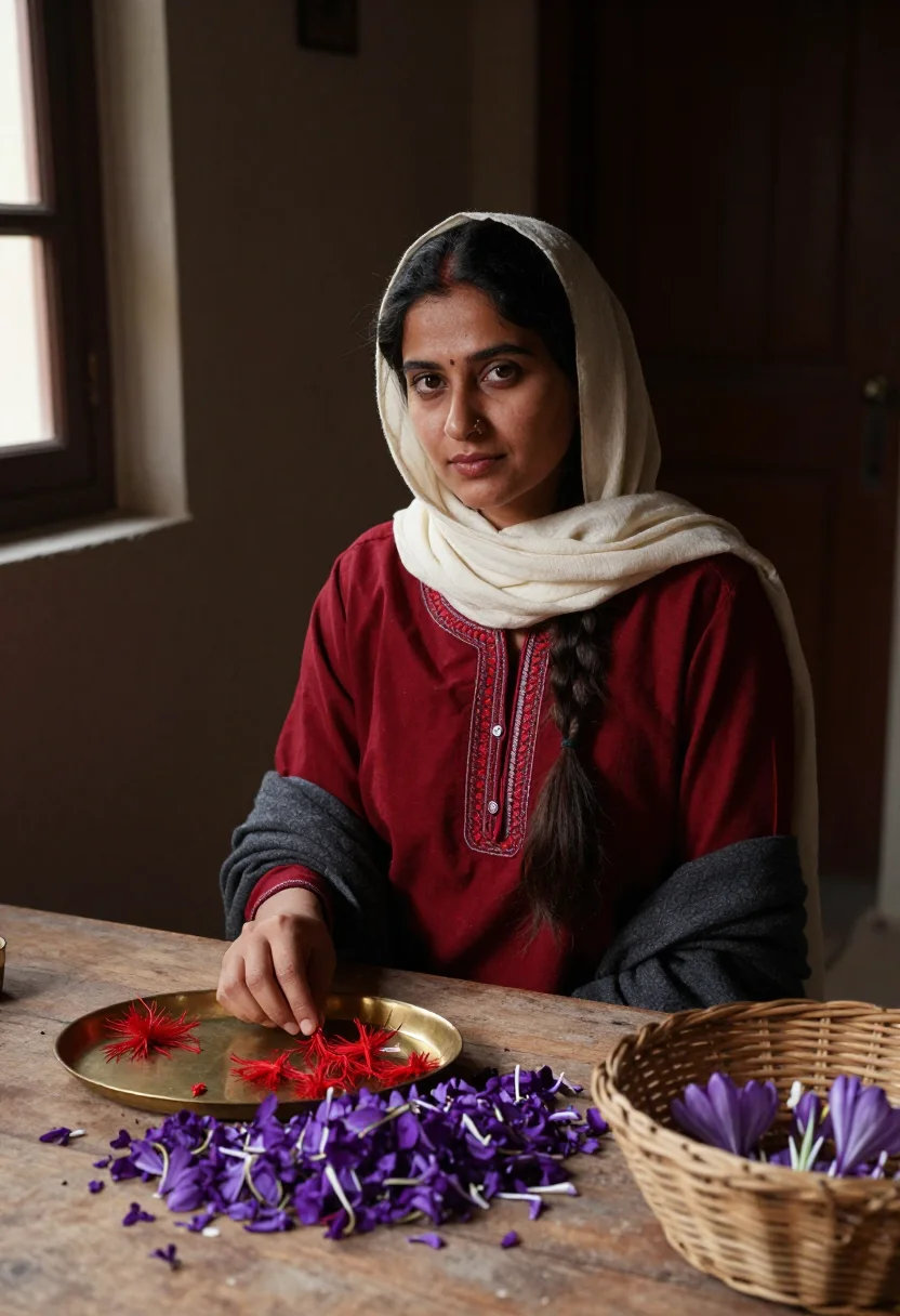 AI saffron dawn sample — portrait of a woman, half-length portrait of a Kashmiri woma