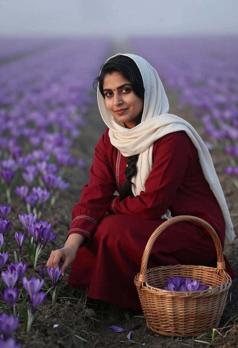 AI saffron dawn sample — portrait of a woman, half-length portrait of a Kashmiri woma