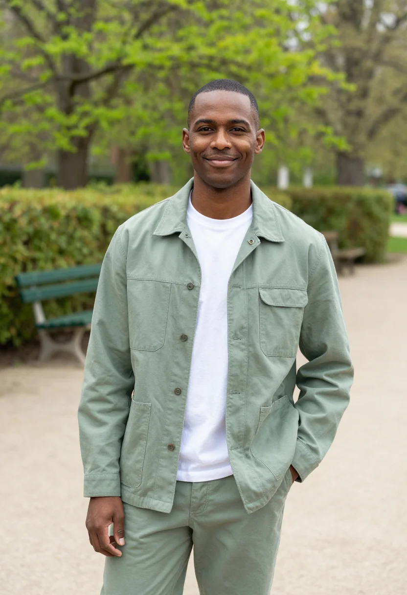 AI sage chore jacket spring profile sample — portrait of a man, an American man with deep brown skin, dar