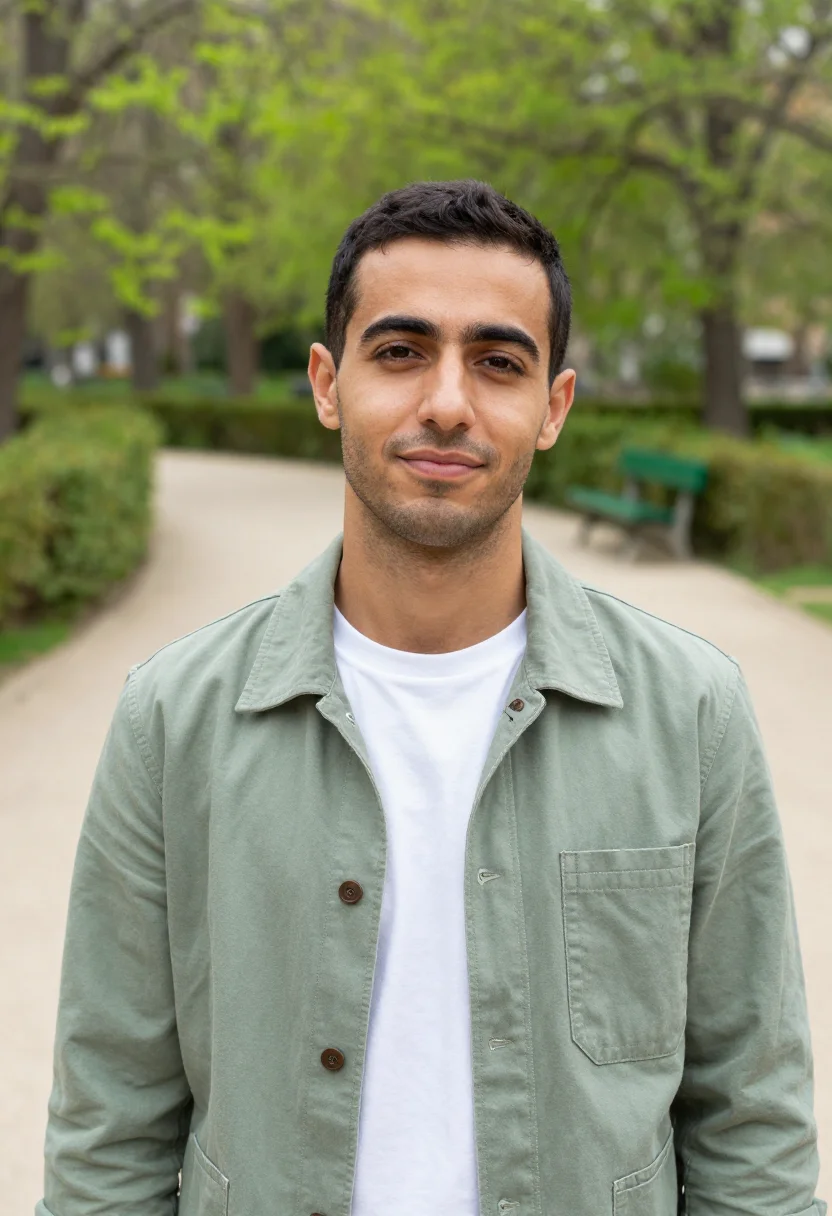 AI sage chore jacket spring profile sample — portrait of a man, a Lebanese-French man with warm tan skin,