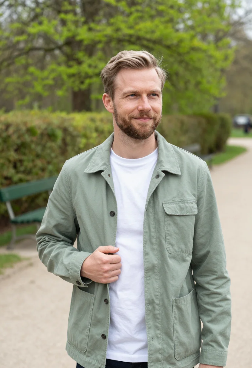 AI sage chore jacket spring profile sample — portrait of a man, a Danish man with fair skin, grey eyes an