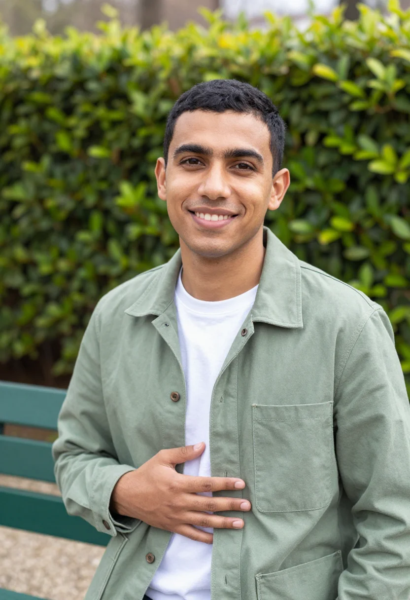 AI sage chore jacket spring profile sample — portrait of a man, a French man with warm olive skin, dark b