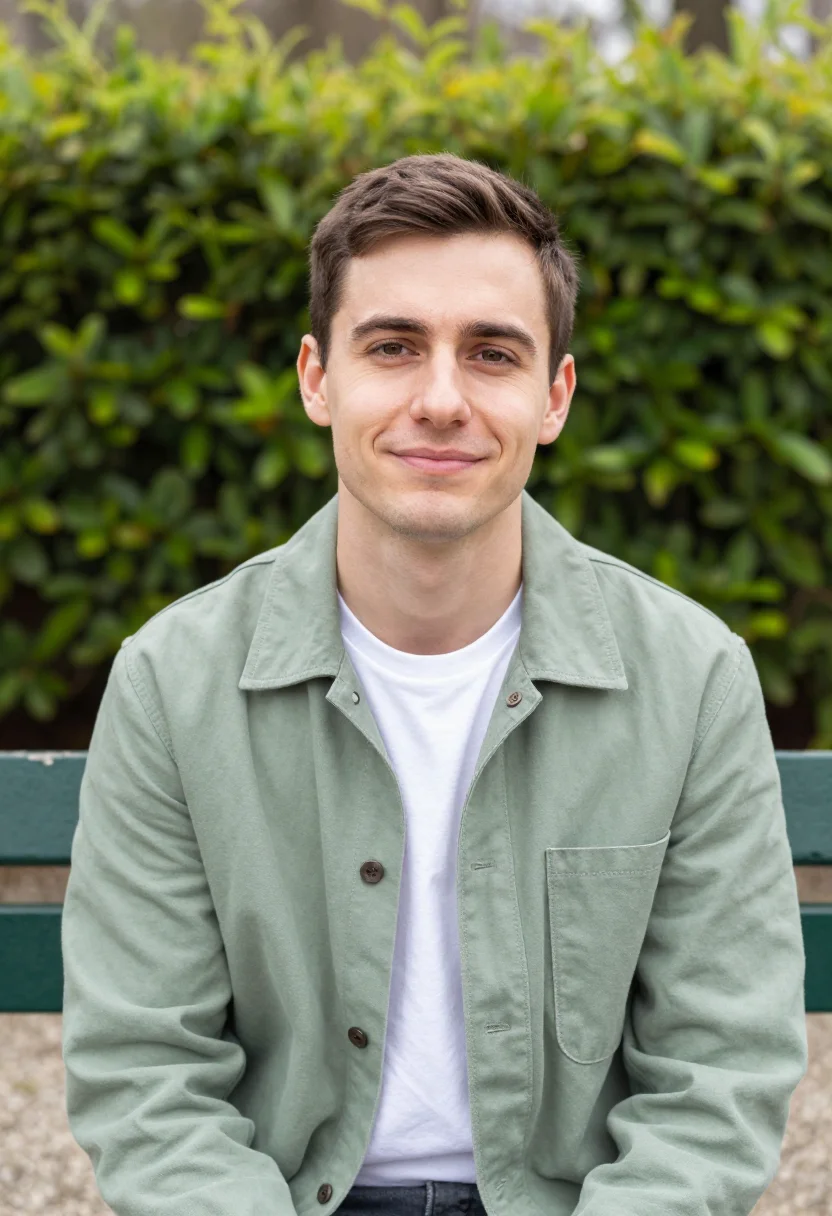 AI sage chore jacket spring profile sample — portrait of a man, a Belgian man with fair skin, hazel eyes