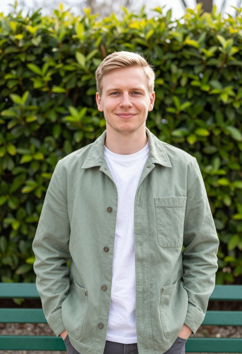 AI sage chore jacket spring profile sample — portrait of a man, a Swedish man with pale skin, blue eyes a