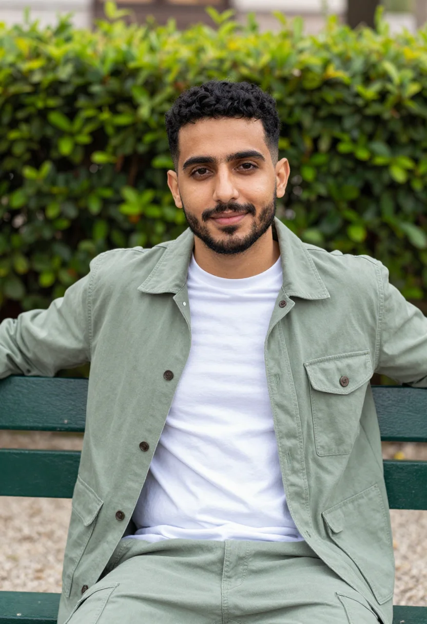 AI sage chore jacket spring profile sample — portrait of a man, a Greek man with golden olive skin, dark