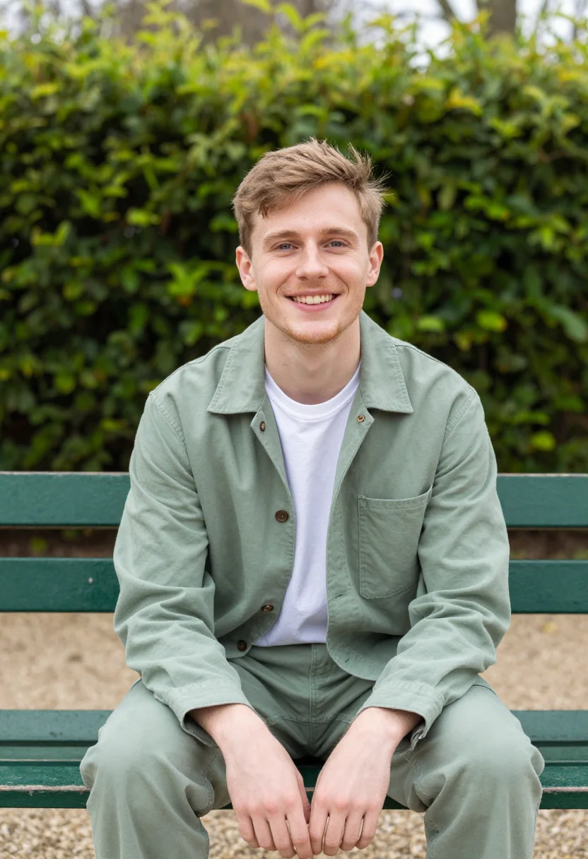 AI sage chore jacket spring profile sample — portrait of a man, an English man with ruddy fair skin, gree