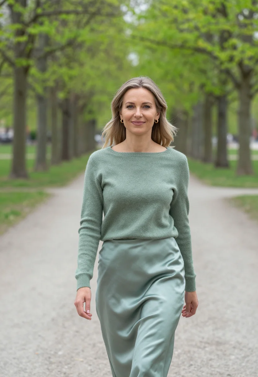 AI sage knit slip skirt spring profile sample — portrait of a woman, framed half-length from the head to the