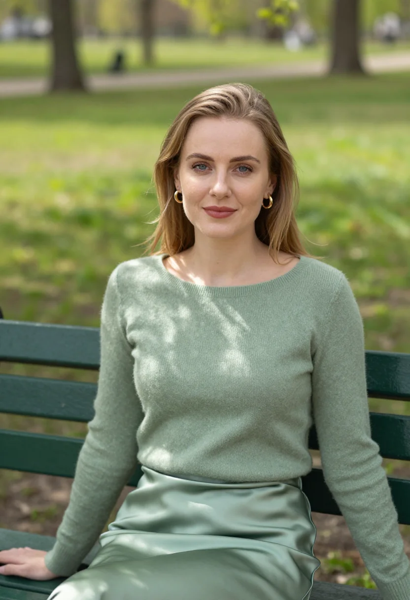 AI sage knit slip skirt spring profile sample — portrait of a woman, framed tight, head and shoulders, the b