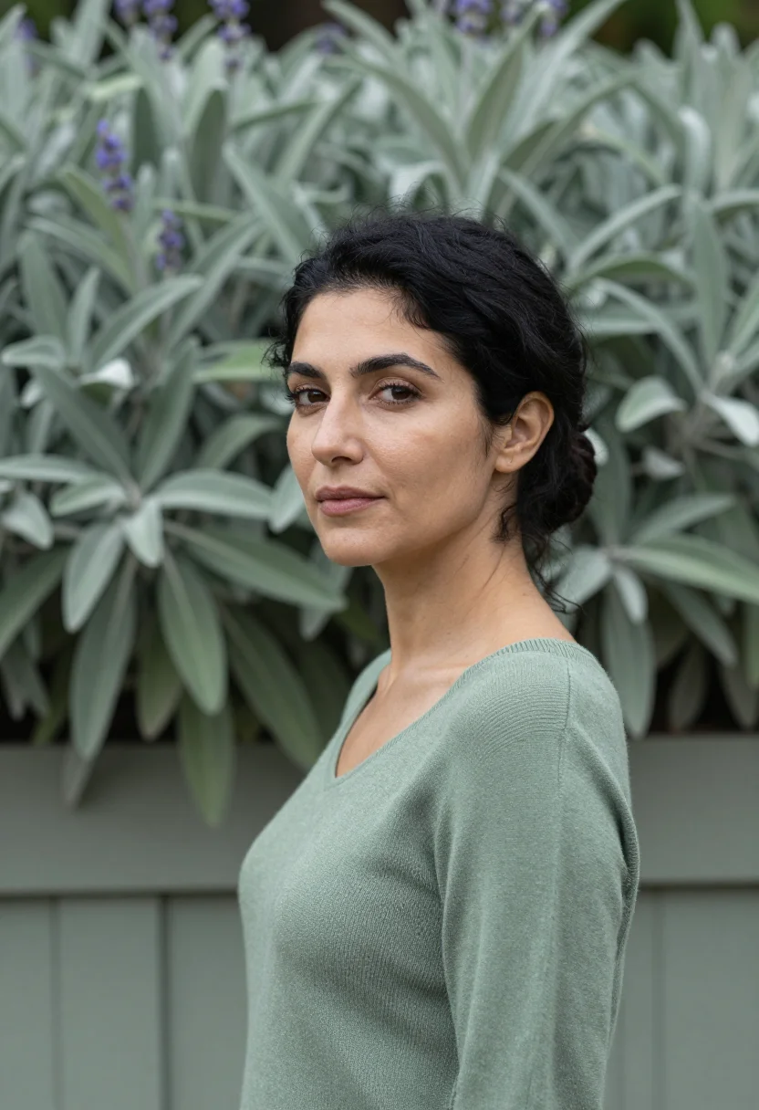 AI sage knit spring headshot sample — portrait of a woman, framed chest-up with more of the leaf a