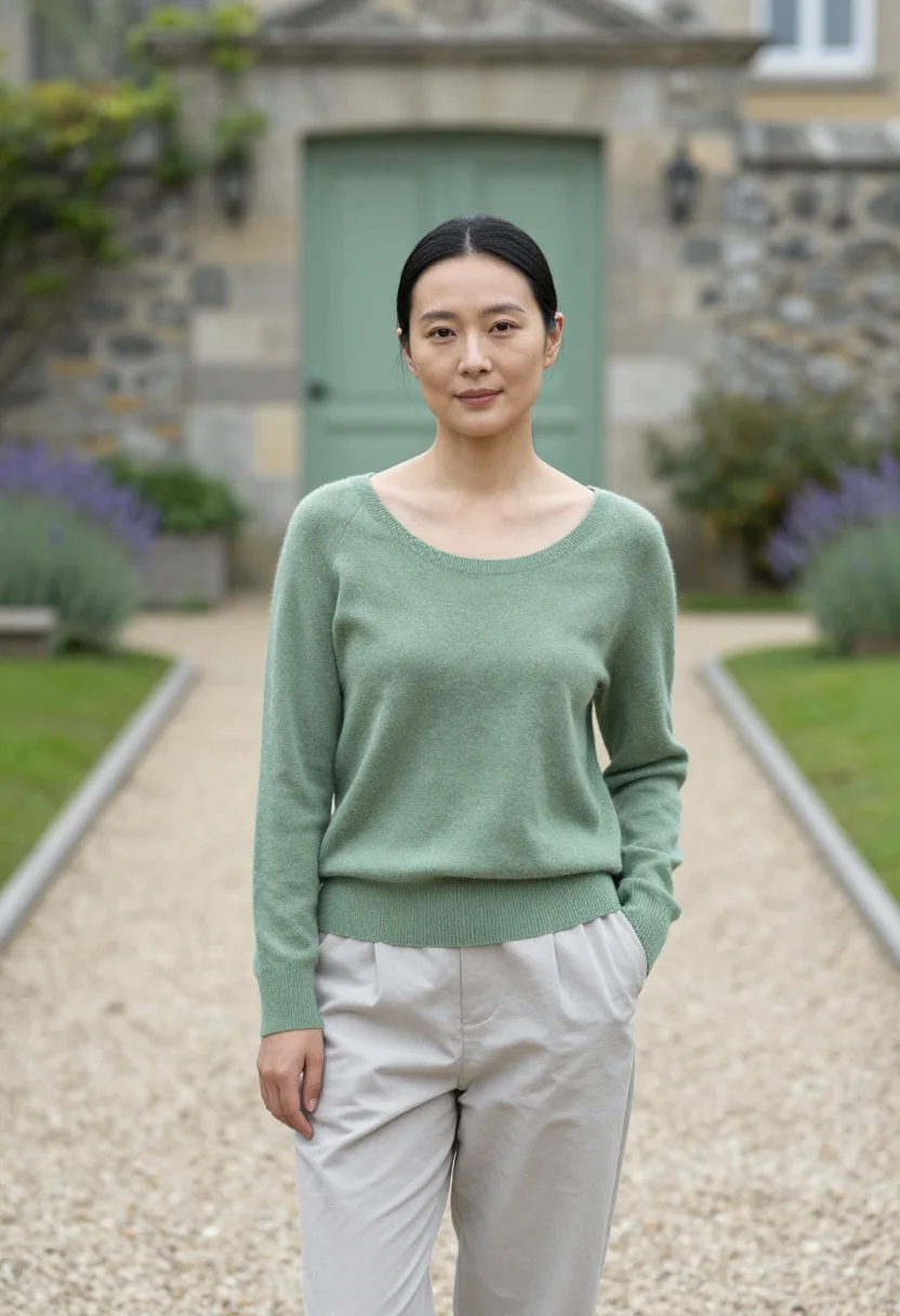 AI sage knit spring headshot sample — portrait of a woman, framed half-length, head to waist, the