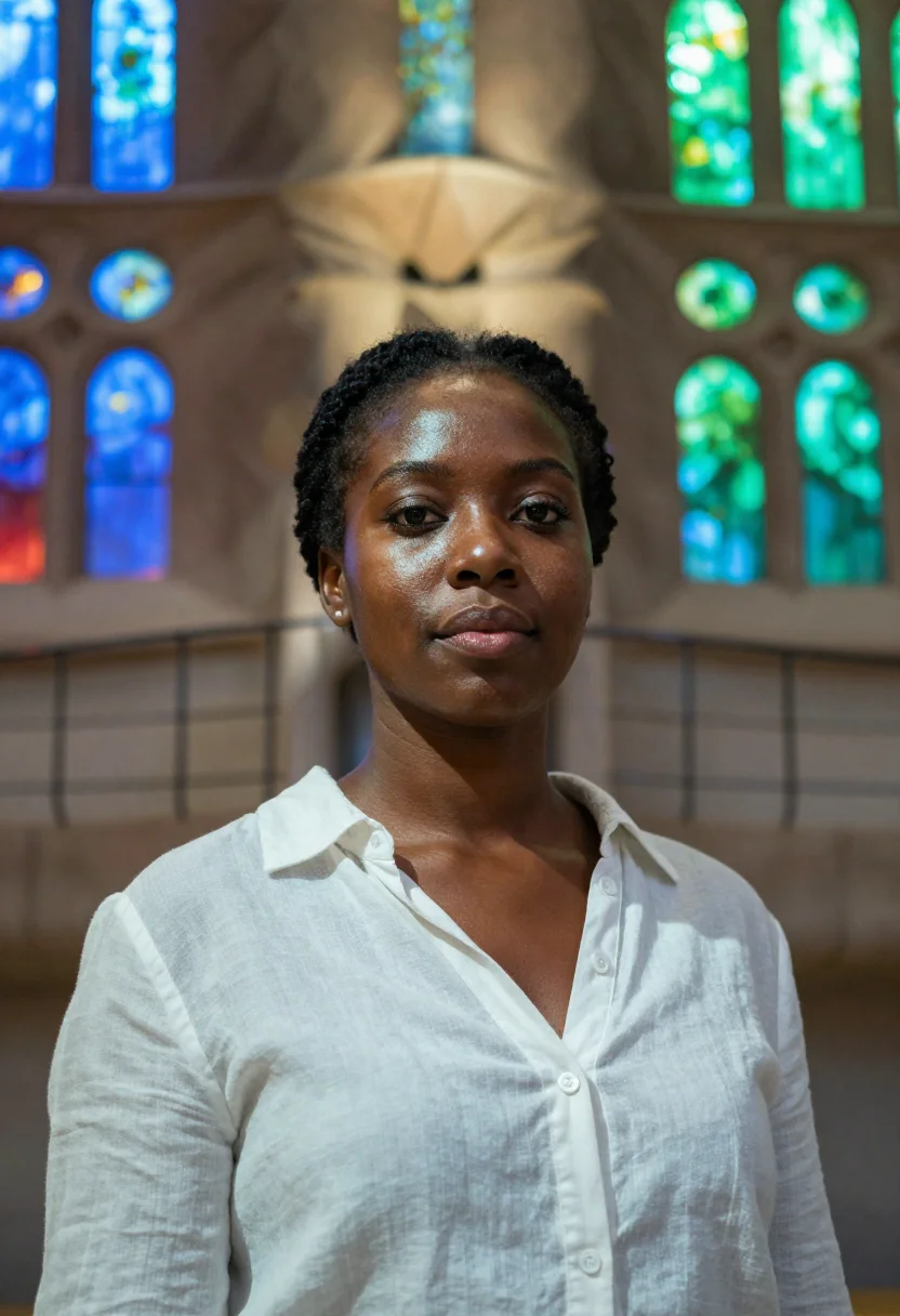 AI sagrada familia sample — half-length portrait of a Black woman with deep brown skin,