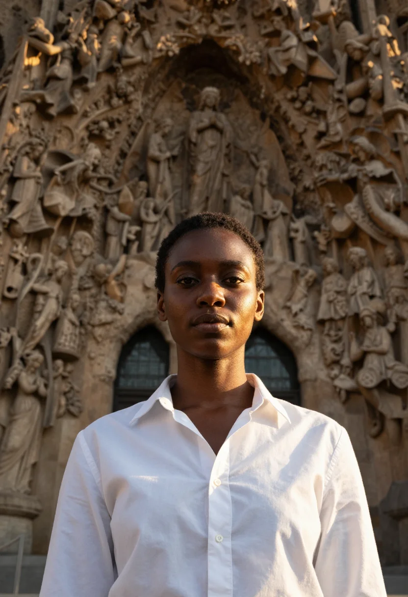 AI sagrada familia sample — half-length portrait of a Black woman with rich dark skin, d