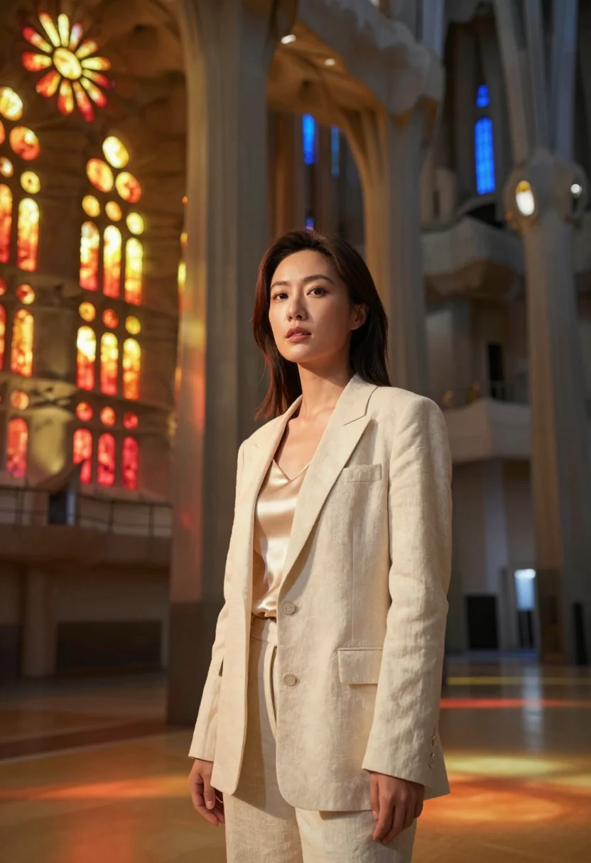 AI sagrada familia sample — three-quarter-length portrait of an East-Asian woman with fa