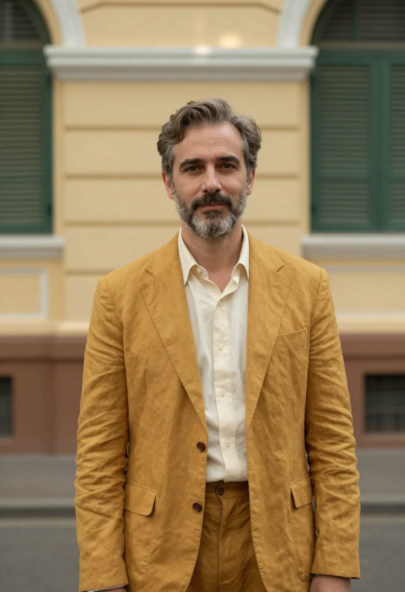 AI saigon post office architect mustard sample — portrait of a man, an architect in his early fifties of Fren