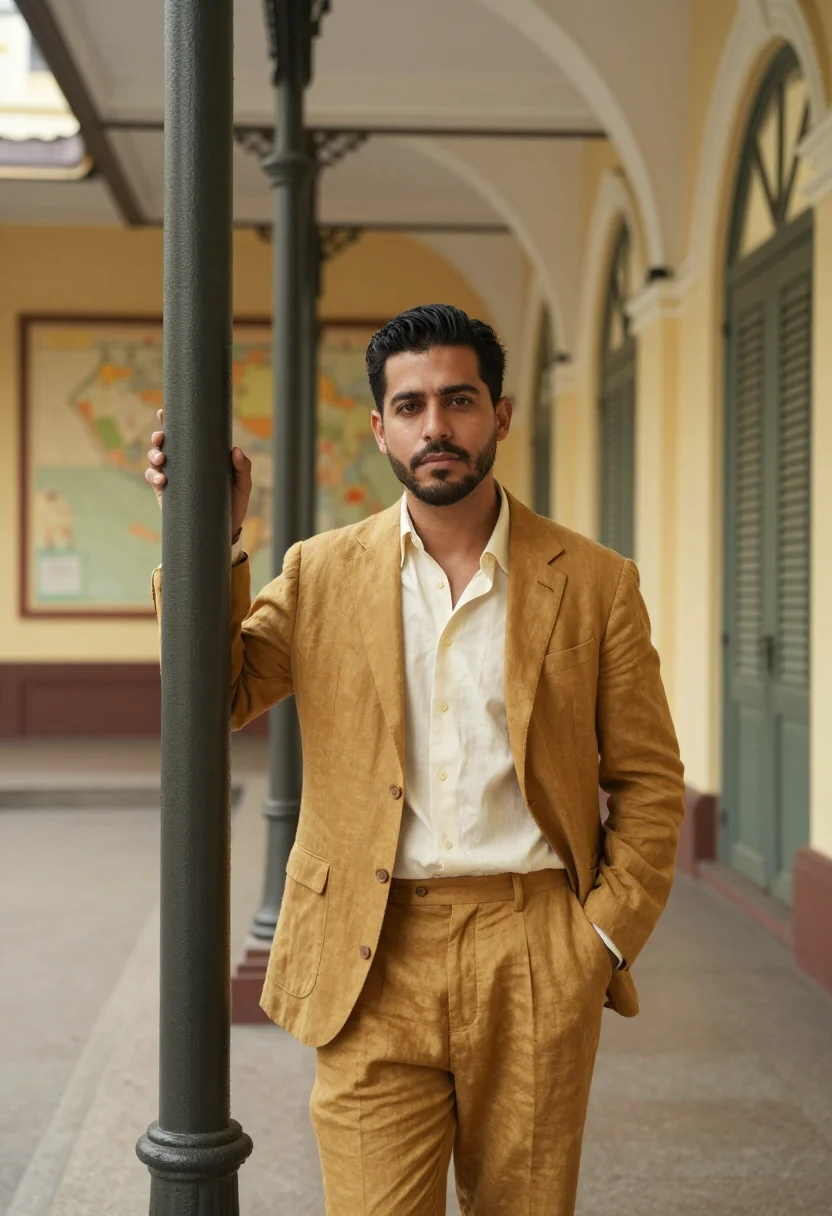 AI saigon post office architect mustard sample — portrait of a man, an architect in his mid-thirties of Spani