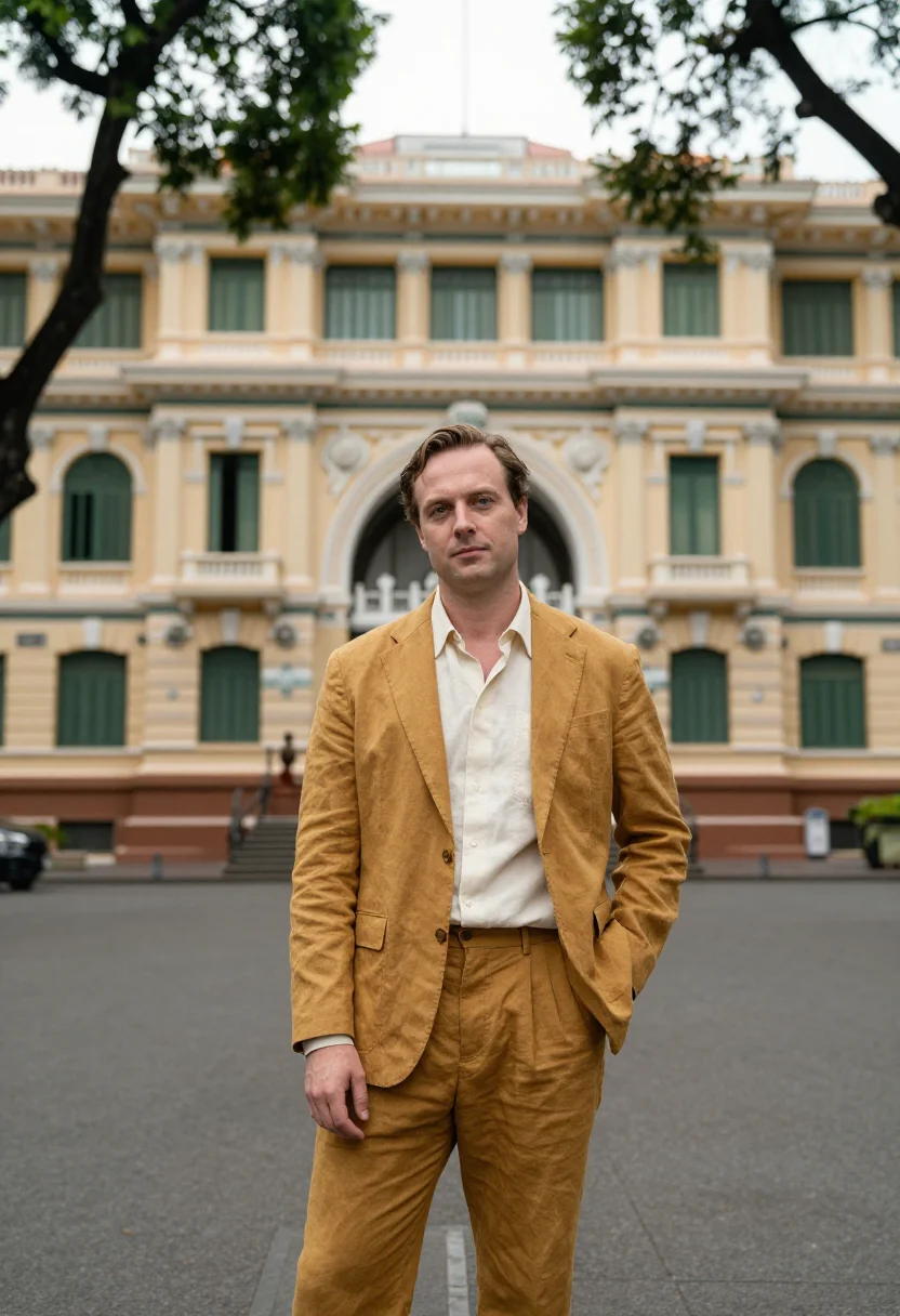 AI saigon post office architect mustard sample — portrait of a man, an architect in his early forties of Aust