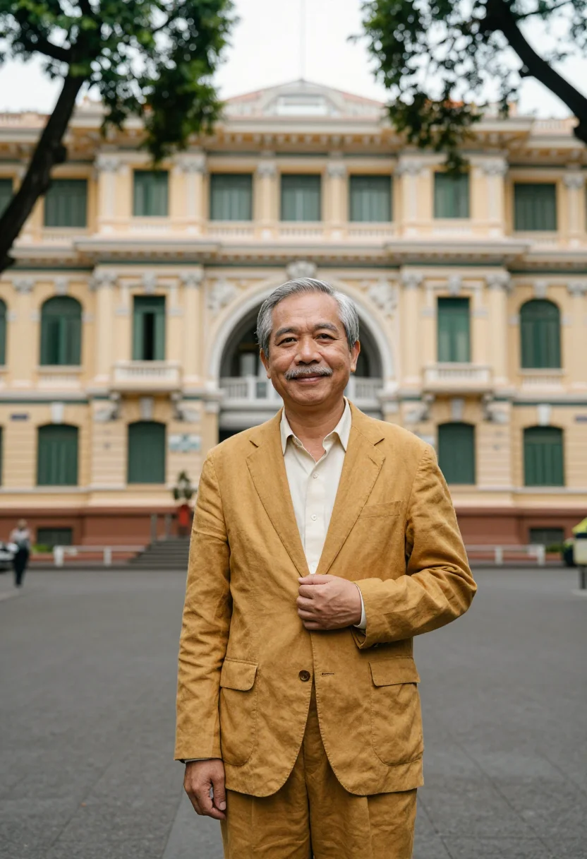 AI saigon post office architect mustard sample — portrait of a man, an architect in his sixties of Vietnamese