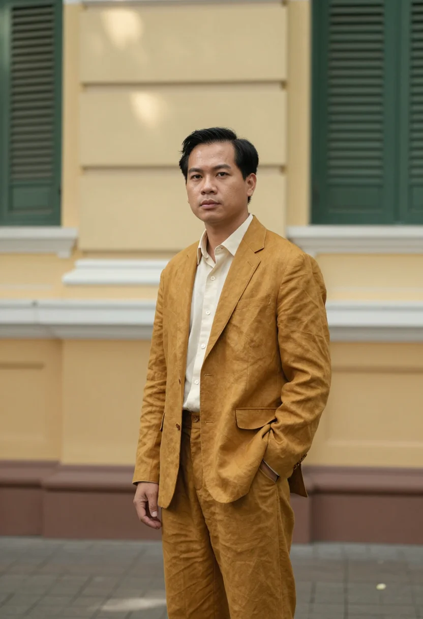 AI saigon post office architect mustard sample — portrait of a man, an architect in his late thirties of Viet