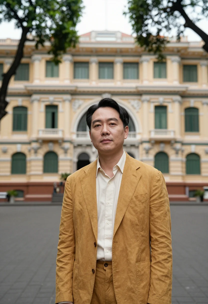 AI saigon post office architect mustard sample — portrait of a man, an architect in his late forties of Korea