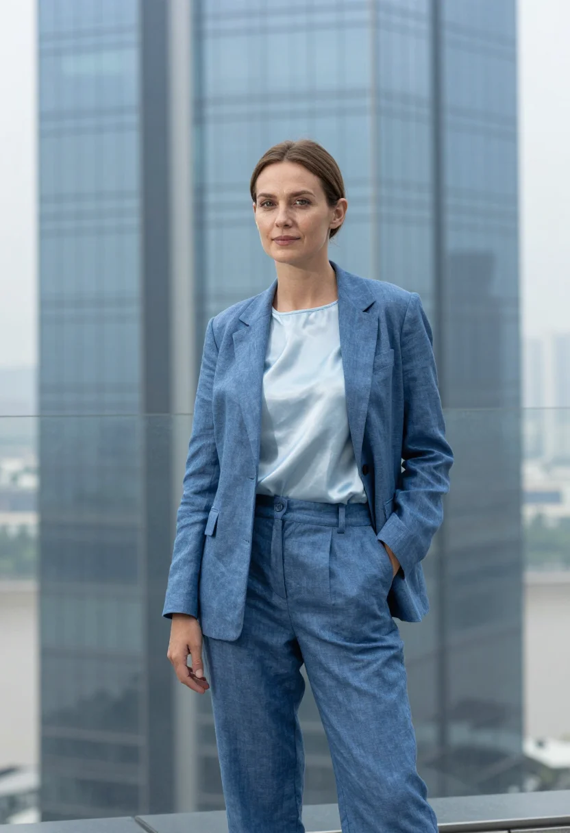AI saigon tech founder landmark glass blue sample — portrait of a woman, a tech founder in her early forties of