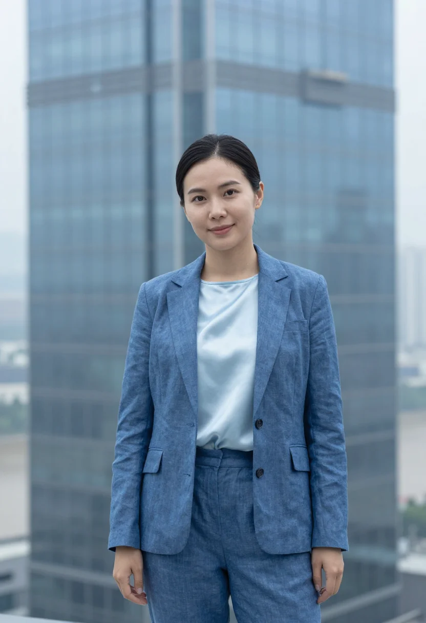 AI saigon tech founder landmark glass blue sample — portrait of a woman, a tech founder in her early thirties of