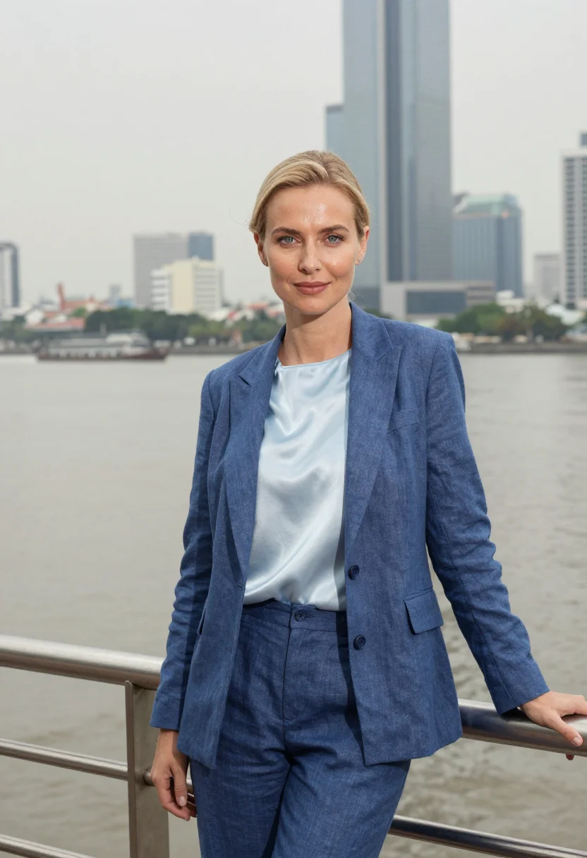 AI saigon tech founder landmark glass blue sample — portrait of a woman, a tech founder in her late thirties of
