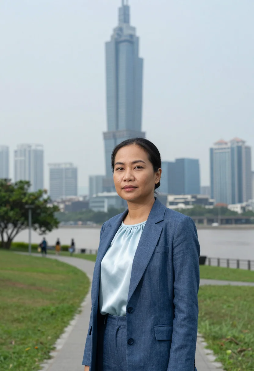 AI saigon tech founder landmark glass blue sample — portrait of a woman, a tech founder in her early forties of