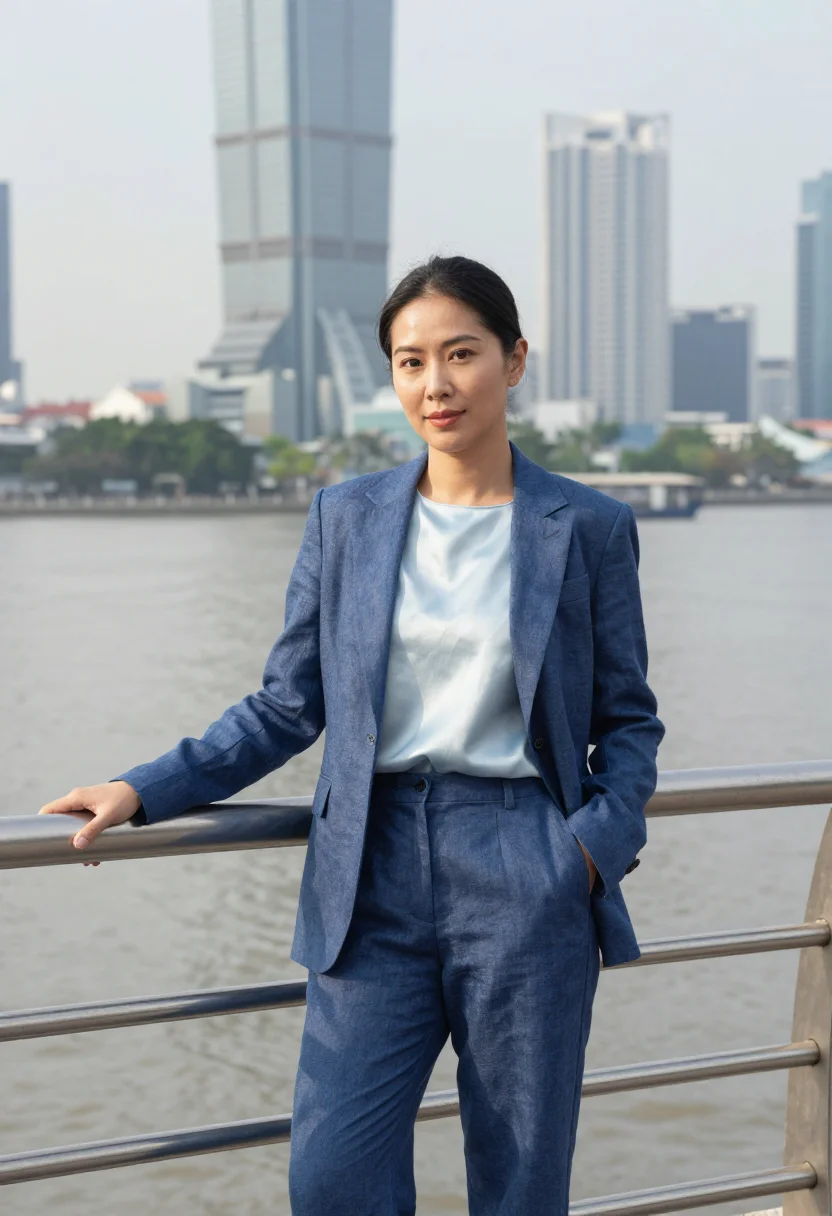 AI saigon tech founder landmark glass blue sample — portrait of a woman, a tech founder in her mid-thirties of S