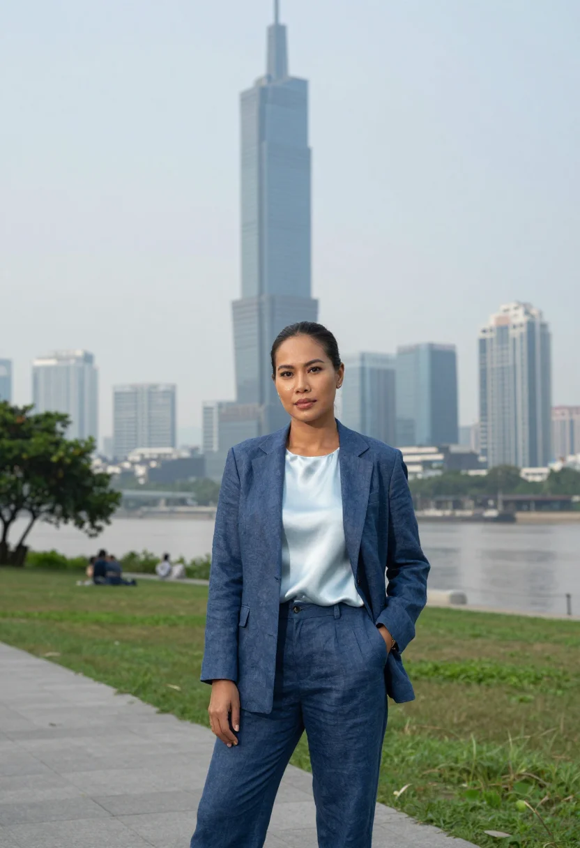 AI saigon tech founder landmark glass blue sample — portrait of a woman, a tech founder in her late thirties of