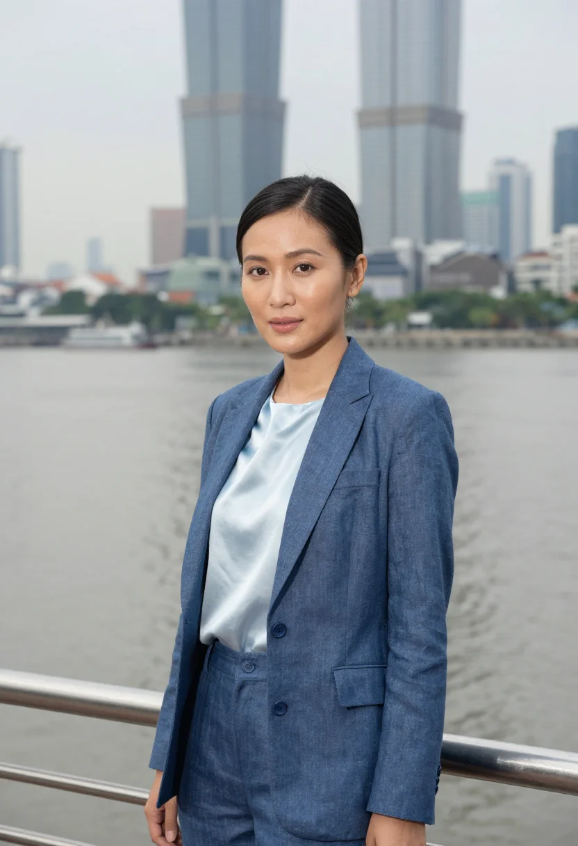 AI saigon tech founder landmark glass blue sample — portrait of a woman, a tech founder in her late twenties of