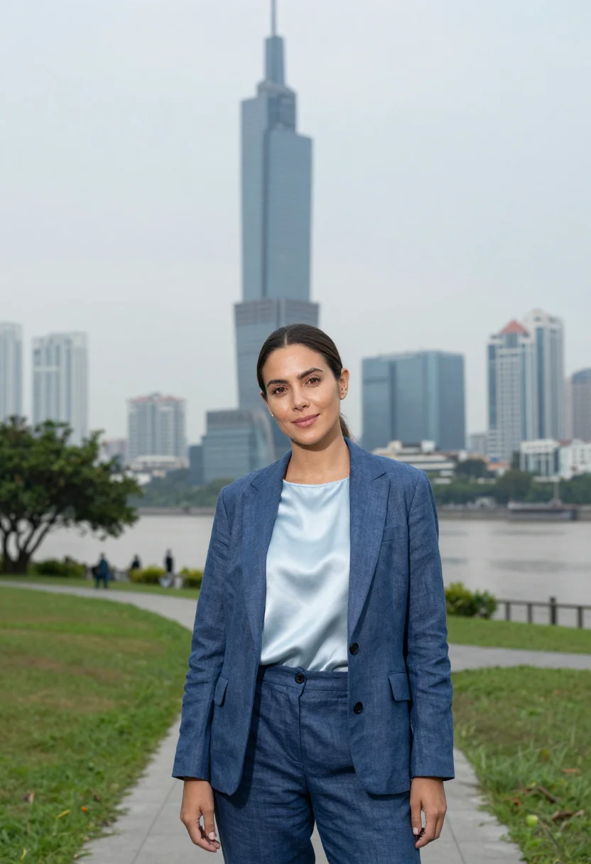 AI saigon tech founder landmark glass blue sample — portrait of a woman, a tech founder in her early thirties of