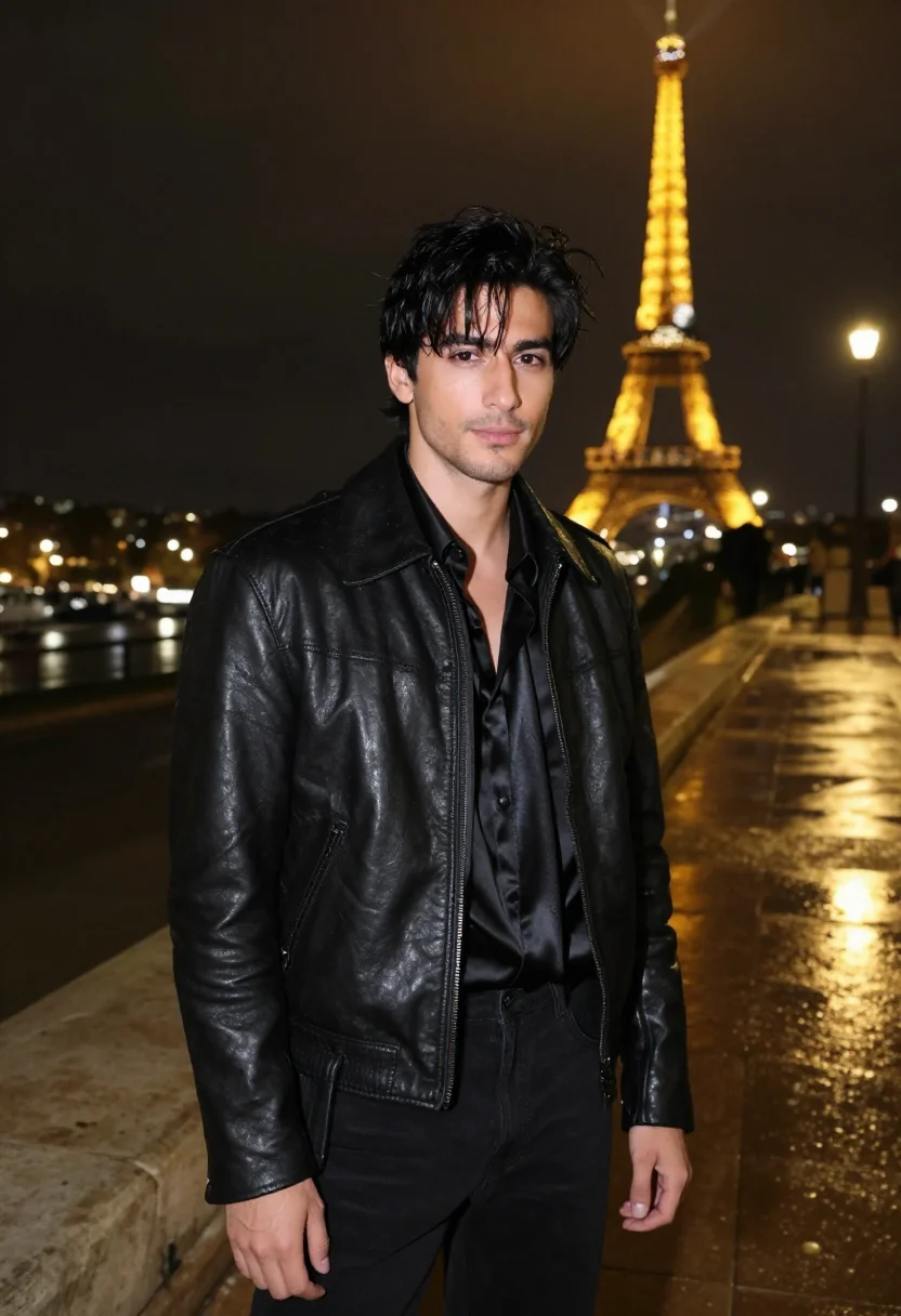 AI saint laurent trocadero night leather black sample — portrait of a man, an Italian man in his late twenties with