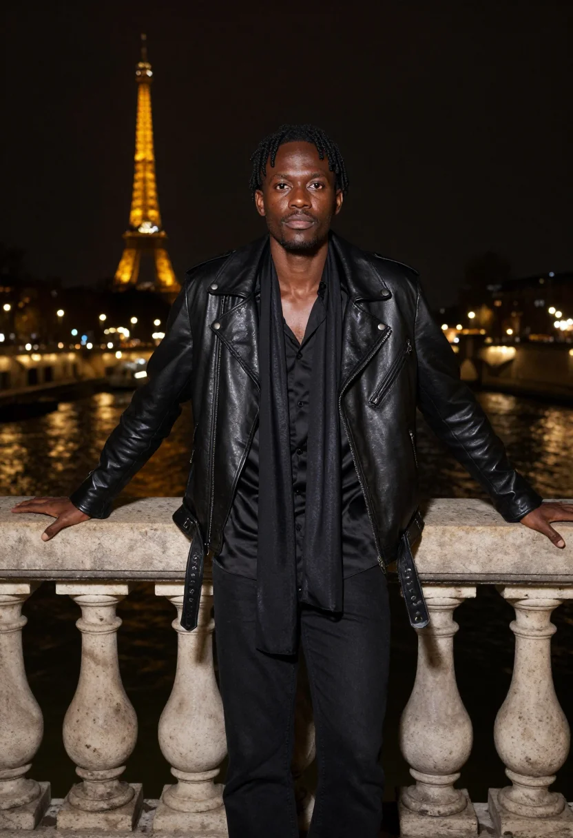 AI saint laurent trocadero night leather black sample — portrait of a man, a Senegalese man in his late twenties wit