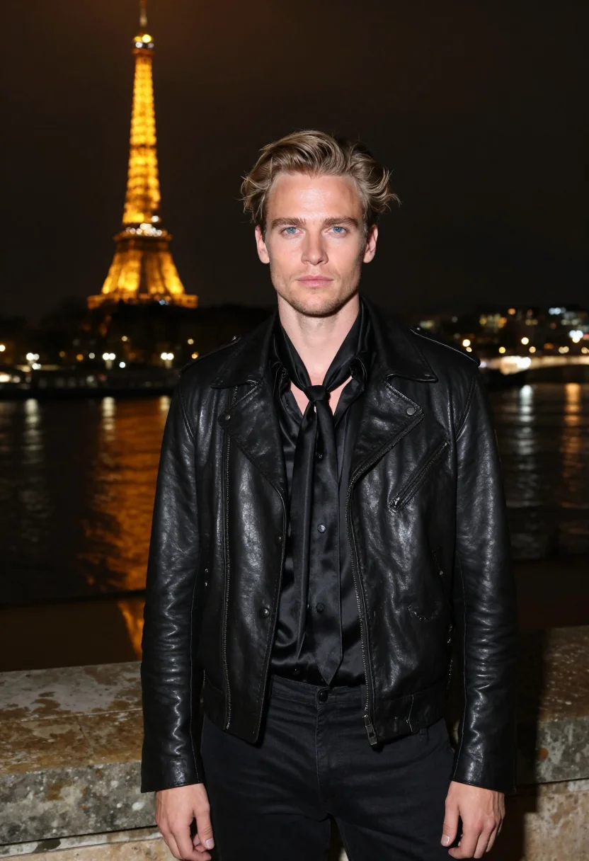 AI saint laurent trocadero night leather black sample — portrait of a man, a Dutch man in his early thirties with fa